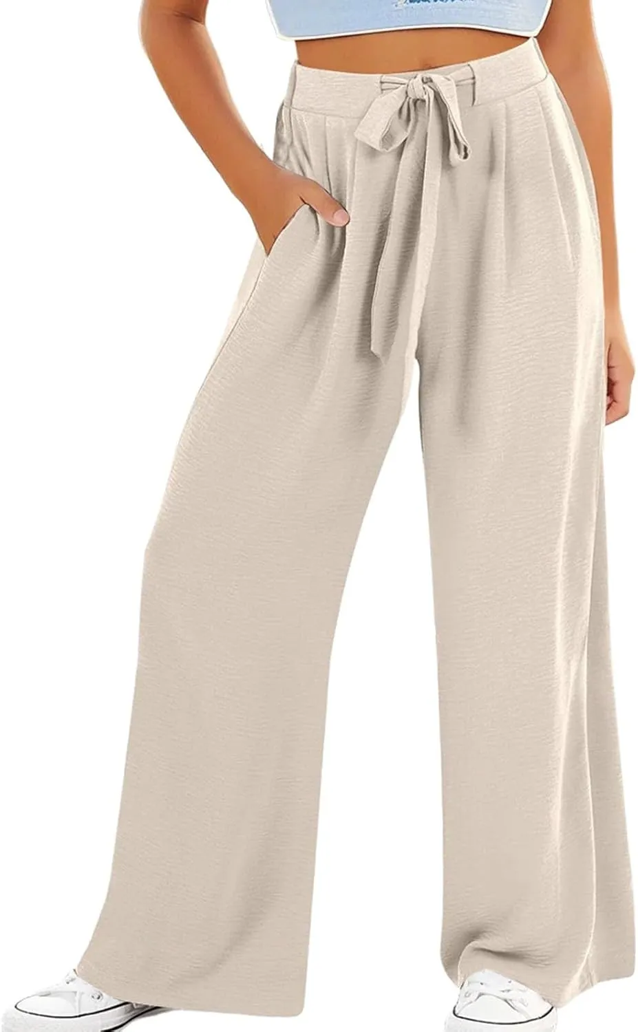 Girls Flowy Palazzo Pants Teen Wide Leg Sweatpants Drawstring Straight Leg Loose Casual Trousers Solid Color Joggers