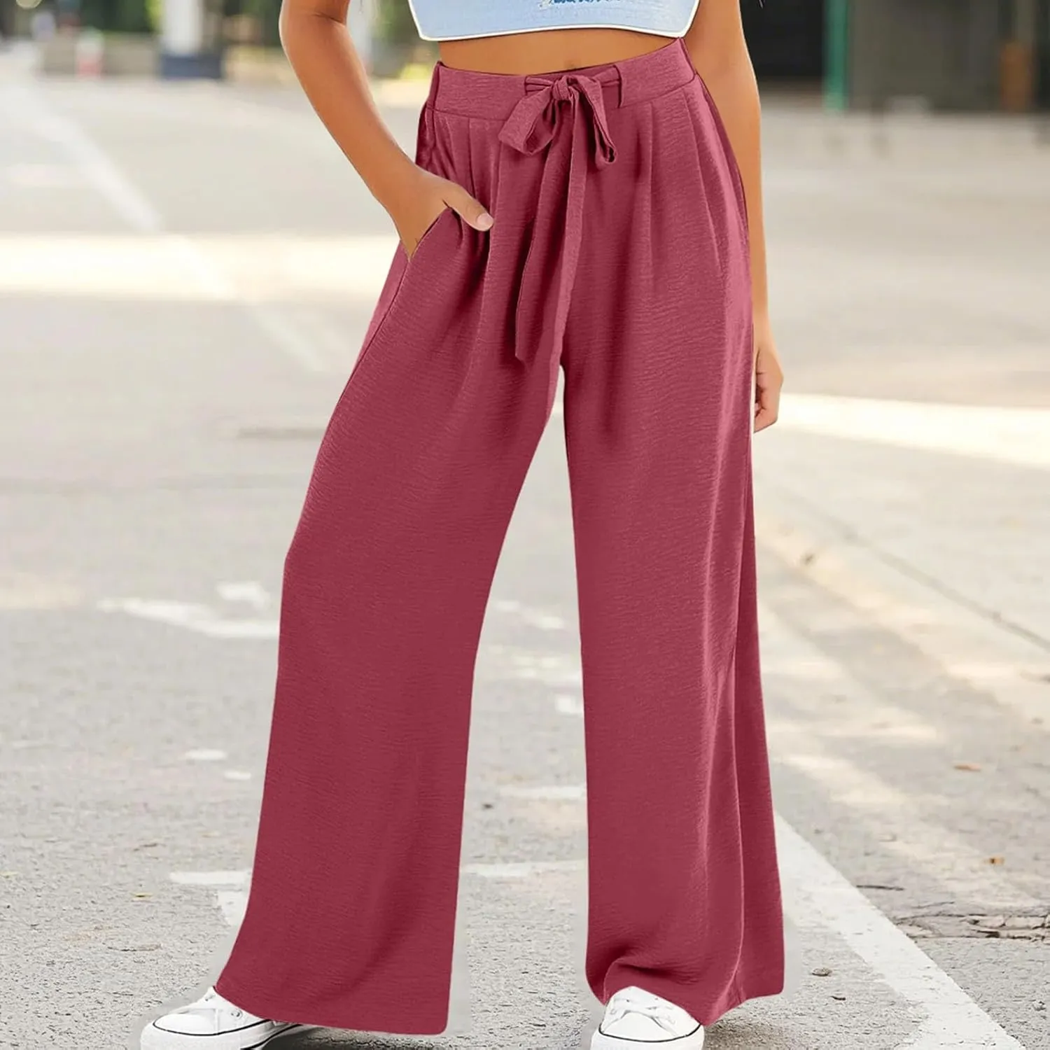 Girls Flowy Palazzo Pants Teen Wide Leg Sweatpants Drawstring Straight Leg Loose Casual Trousers Solid Color Joggers