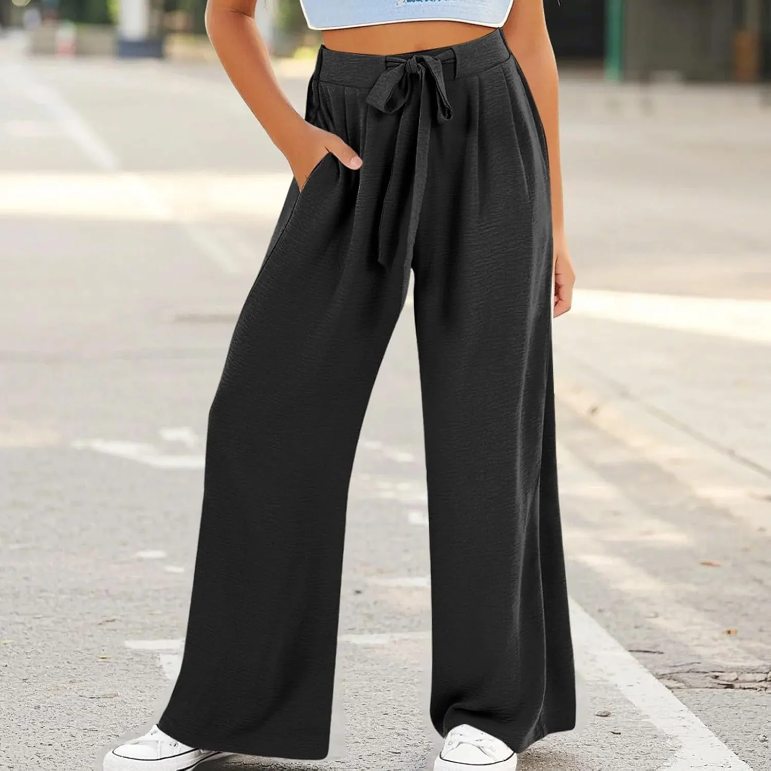 Girls Flowy Palazzo Pants Teen Wide Leg Sweatpants Drawstring Straight Leg Loose Casual Trousers Solid Color Joggers