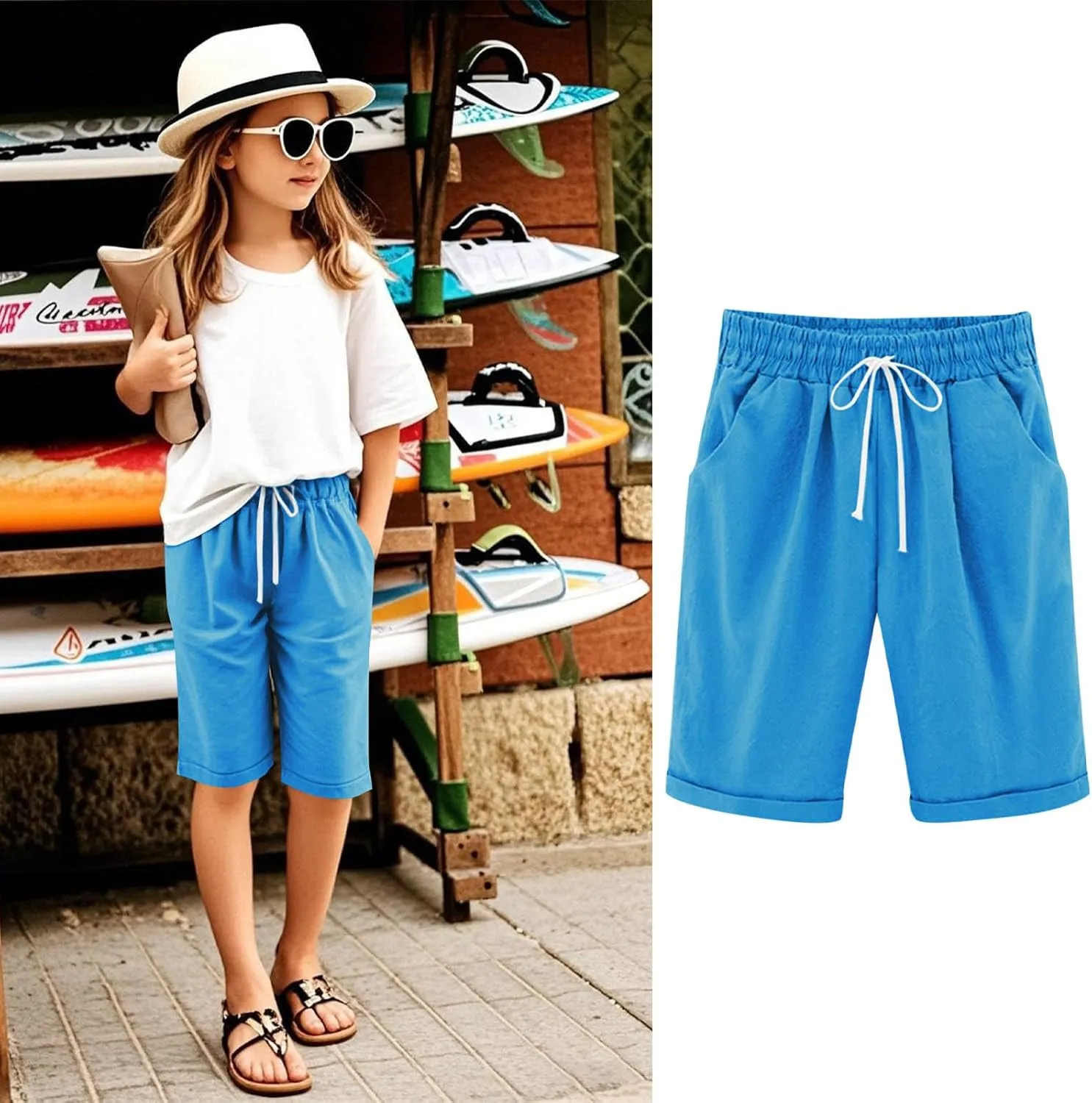 Girls Linen Matching Shorts Knee Length Outfits Beach Vacation Bermuda Shorts Summer Athlete Pants 3-13 Years