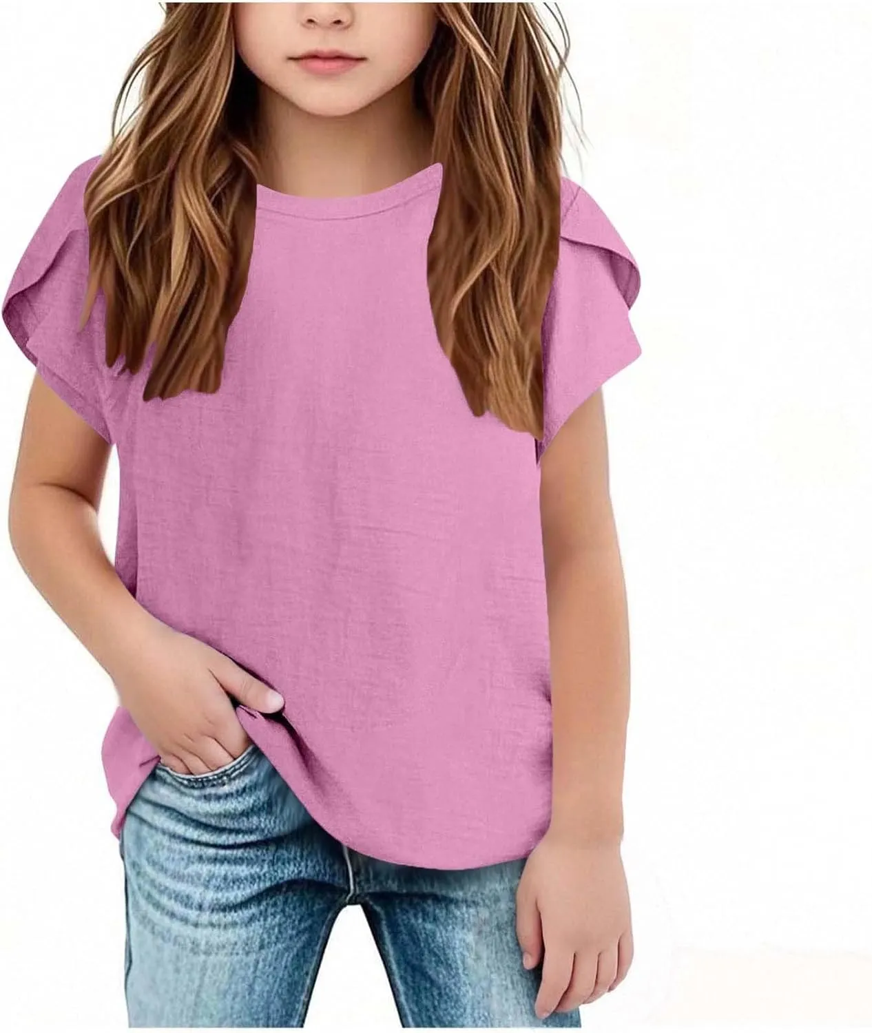 Girls Linen Shirts Casual Short Sleeve Crewneck Tops Cute Plain Backless Tees Loose Lightweight Flowy Summer Blouse