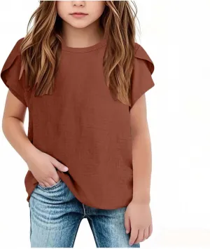 Girls Linen Shirts Casual Short Sleeve Crewneck Tops Cute Plain Backless Tees Loose Lightweight Flowy Summer Blouse