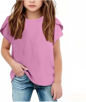Girls Linen Shirts Casual Short Sleeve Crewneck Tops Cute Plain Backless Tees Loose Lightweight Flowy Summer Blouse