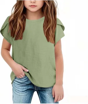 Girls Linen Shirts Casual Short Sleeve Crewneck Tops Cute Plain Backless Tees Loose Lightweight Flowy Summer Blouse