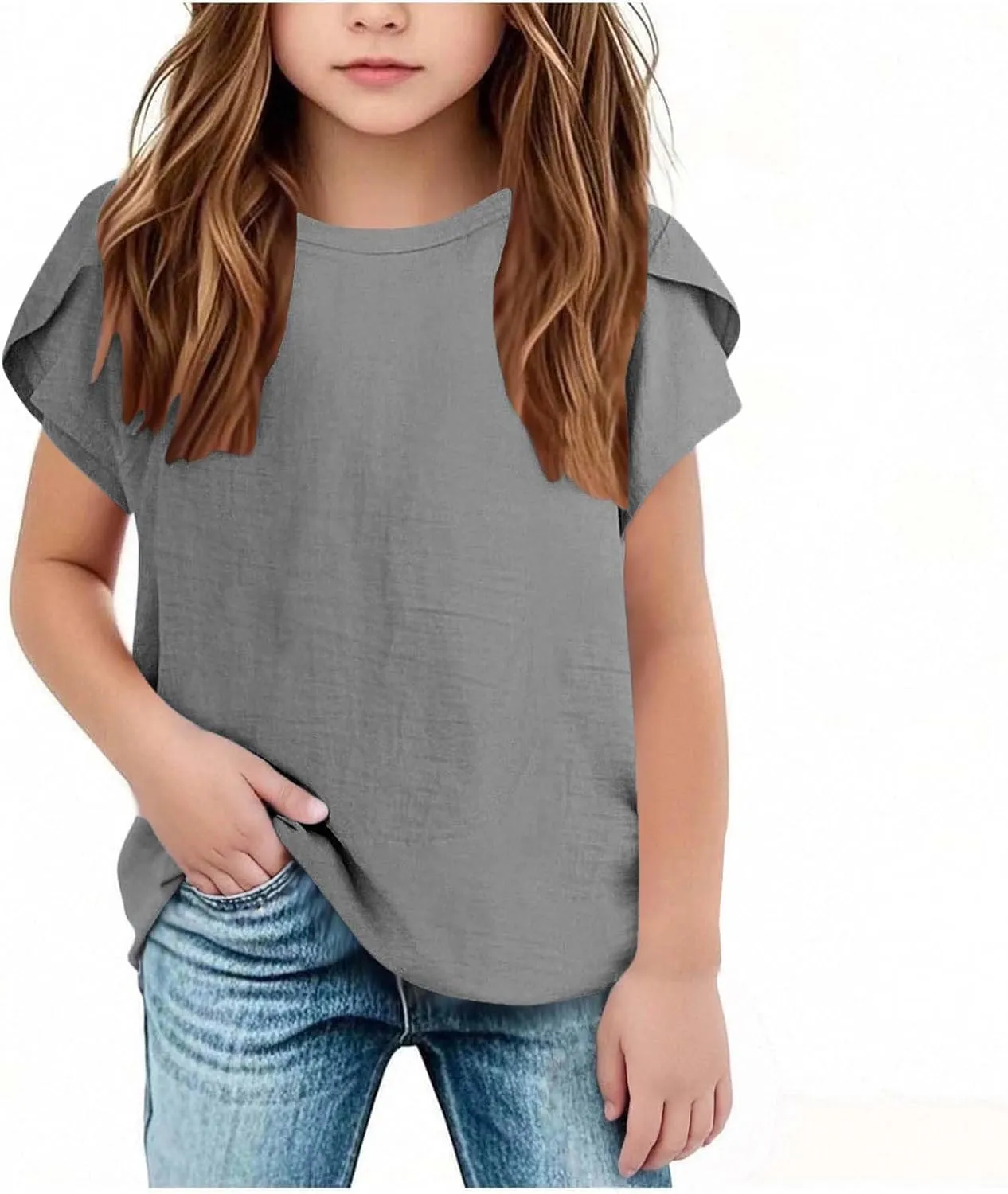 Girls Linen Shirts Casual Short Sleeve Crewneck Tops Cute Plain Backless Tees Loose Lightweight Flowy Summer Blouse