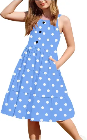 Girls Ploka Dots Trendy Tank Dress Loose Crewneck Sleeveless A-Line Summer Swing Dresses with Pockets for 2-12 Years