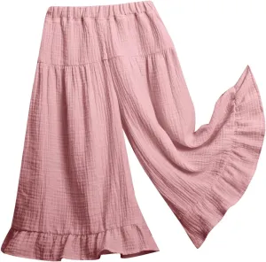 Girls Wide Leg Flowy Cotton Linen Pants Kids Toddler Elastic Waist Lightweight Loose Casual Ruffle 𝗟ounge Trousers
