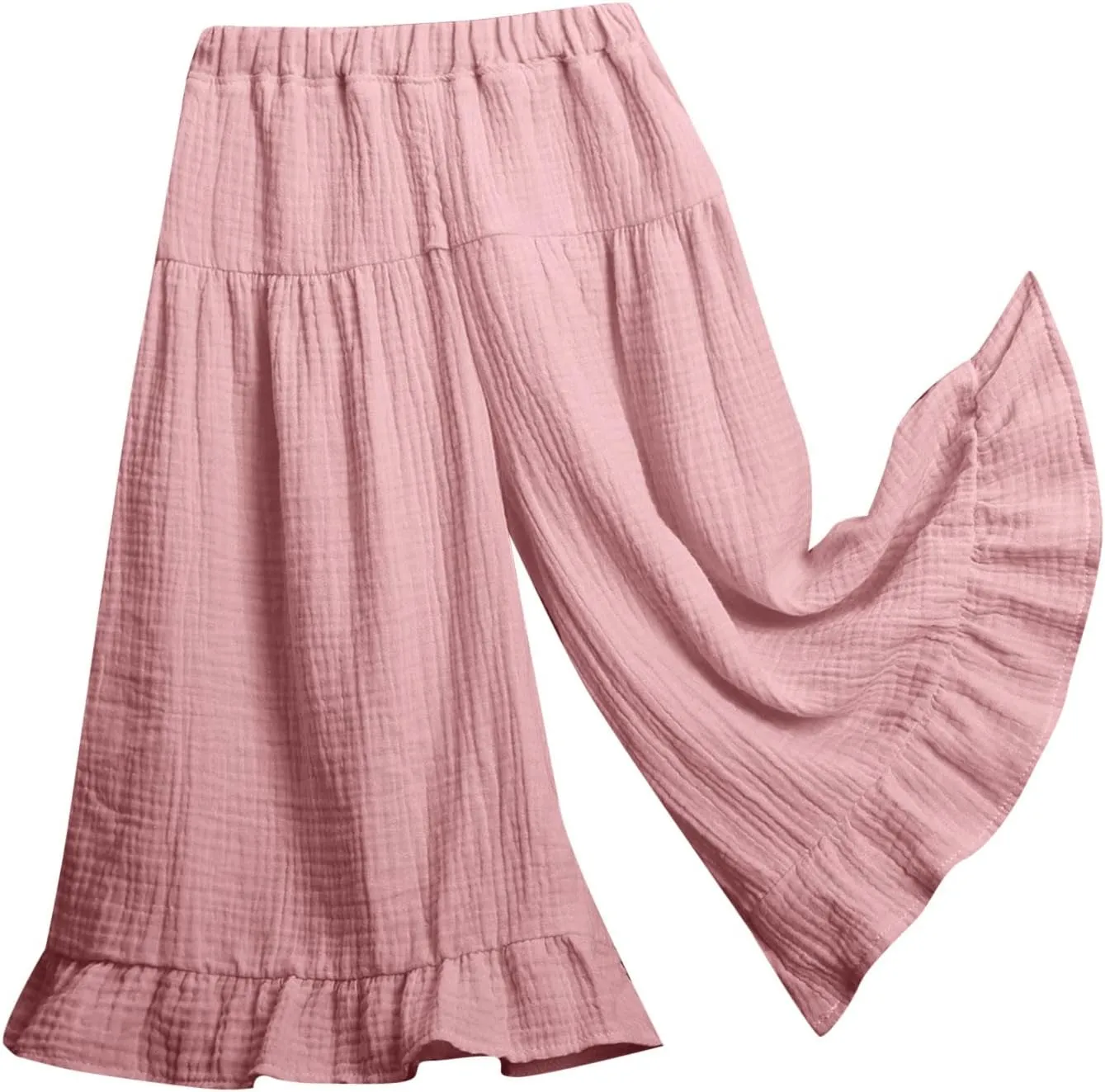Girls Wide Leg Flowy Cotton Linen Pants Kids Toddler Elastic Waist Lightweight Loose Casual Ruffle 𝗟ounge Trousers