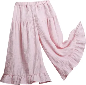 Girls Wide Leg Flowy Cotton Linen Pants Kids Toddler Elastic Waist Lightweight Loose Casual Ruffle 𝗟ounge Trousers