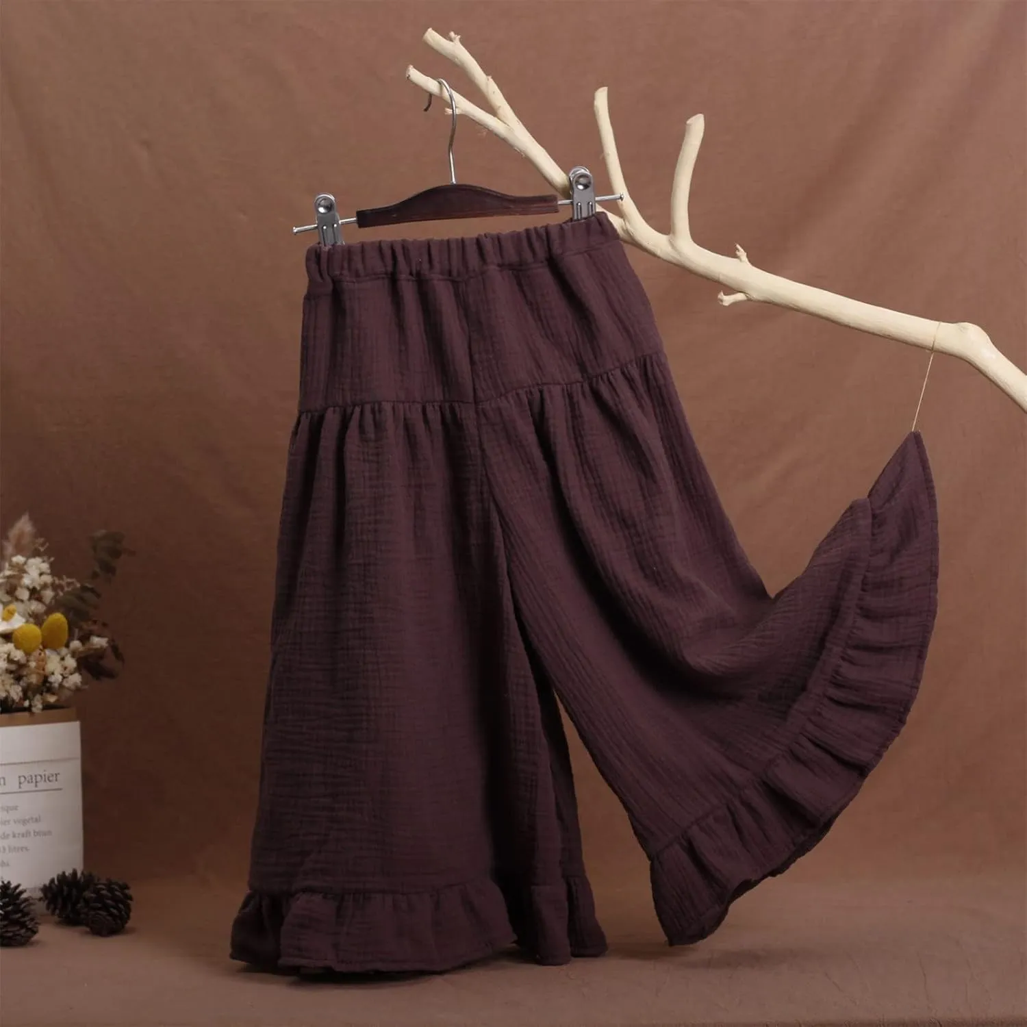 Girls Wide Leg Flowy Cotton Linen Pants Kids Toddler Elastic Waist Lightweight Loose Casual Ruffle 𝗟ounge Trousers
