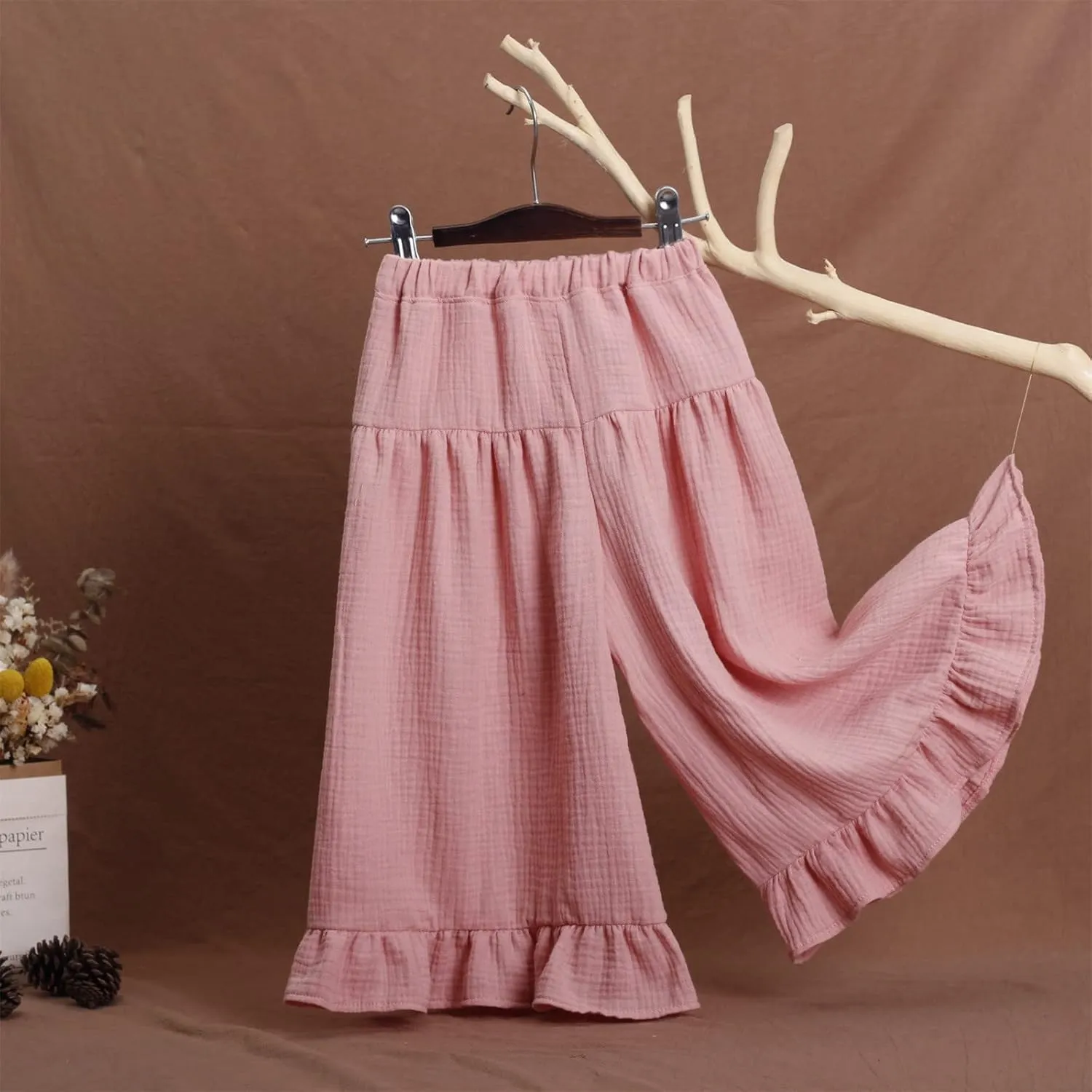 Girls Wide Leg Flowy Cotton Linen Pants Kids Toddler Elastic Waist Lightweight Loose Casual Ruffle 𝗟ounge Trousers