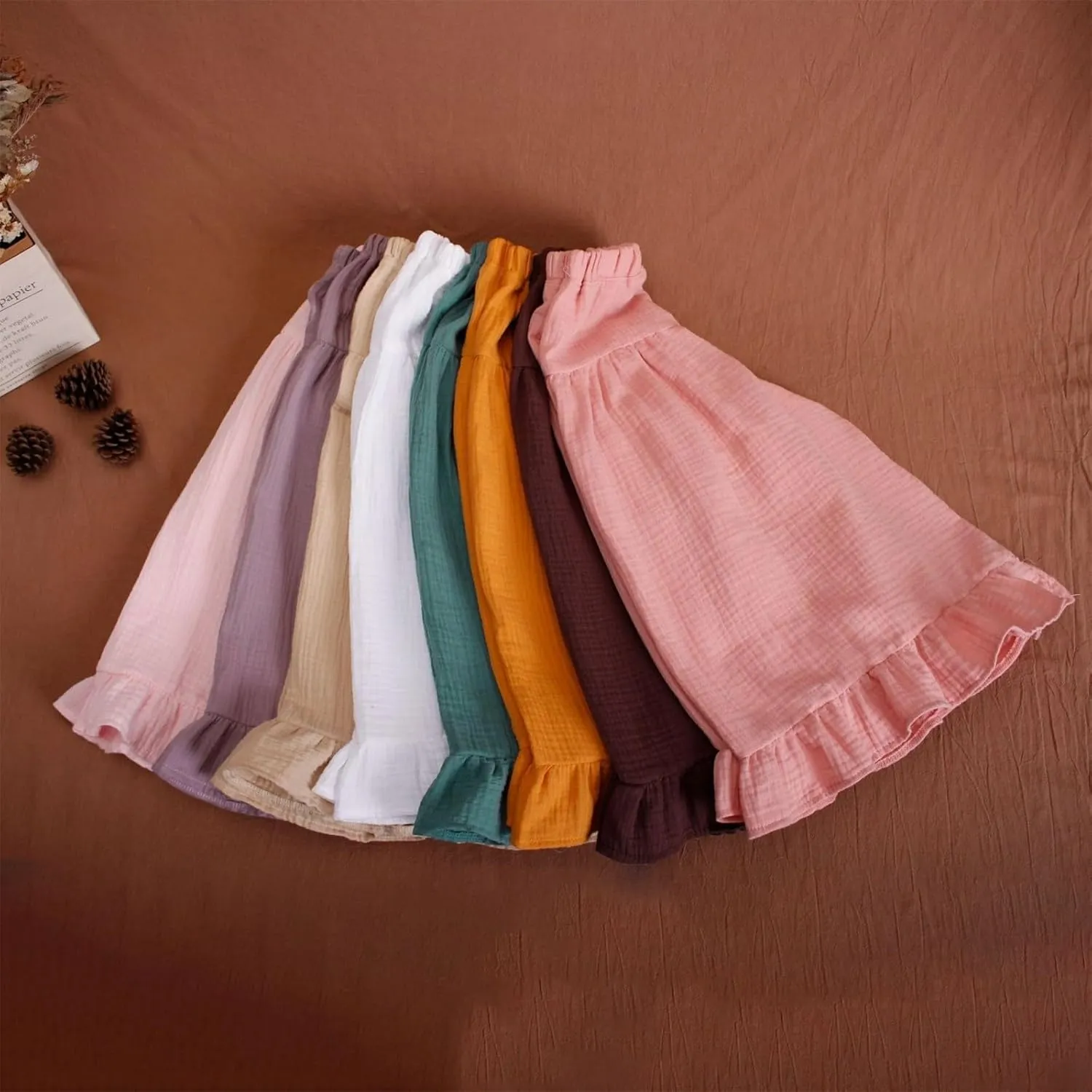 Girls Wide Leg Flowy Cotton Linen Pants Kids Toddler Elastic Waist Lightweight Loose Casual Ruffle 𝗟ounge Trousers