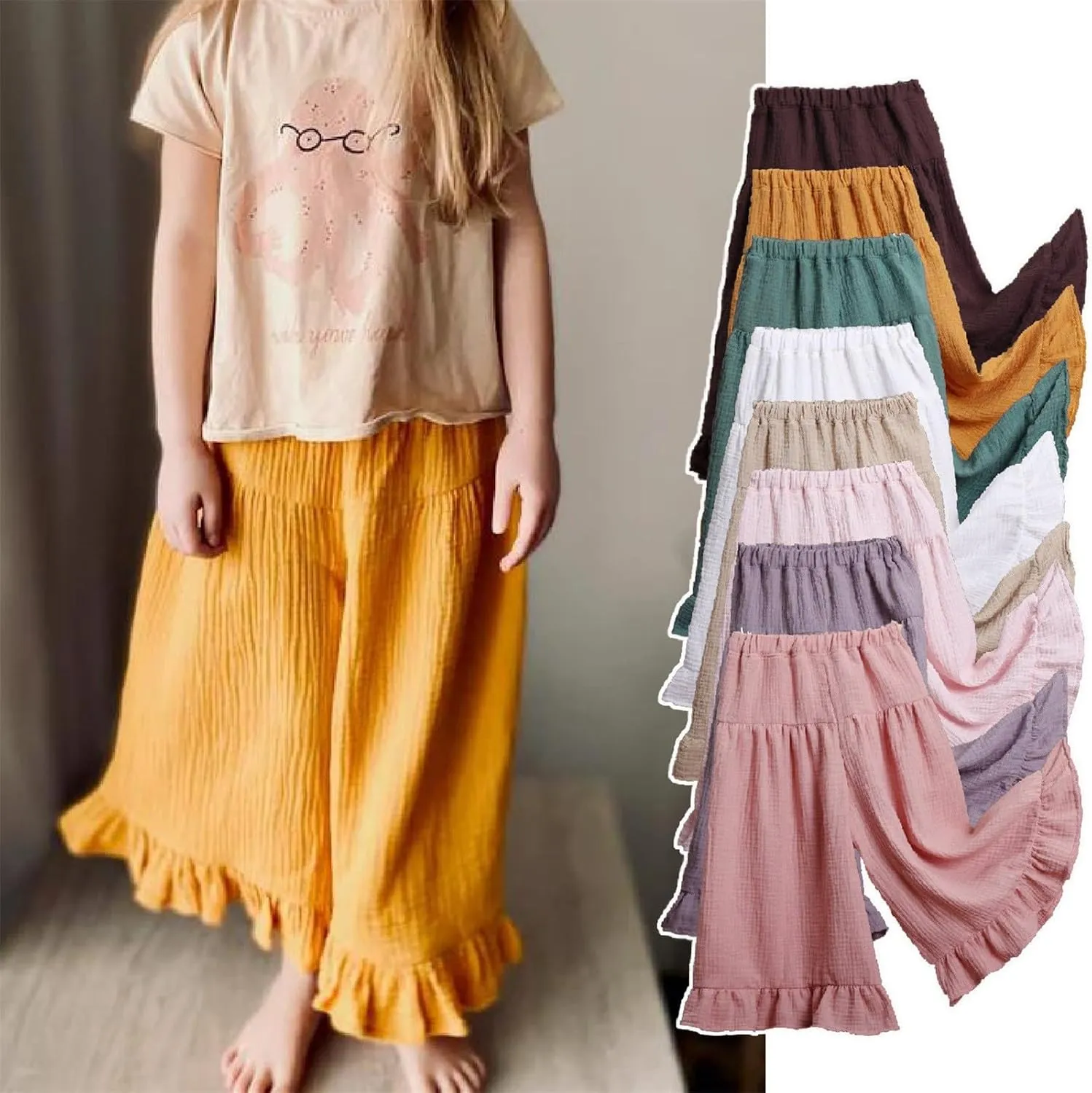 Girls Wide Leg Flowy Cotton Linen Pants Kids Toddler Elastic Waist Lightweight Loose Casual Ruffle 𝗟ounge Trousers