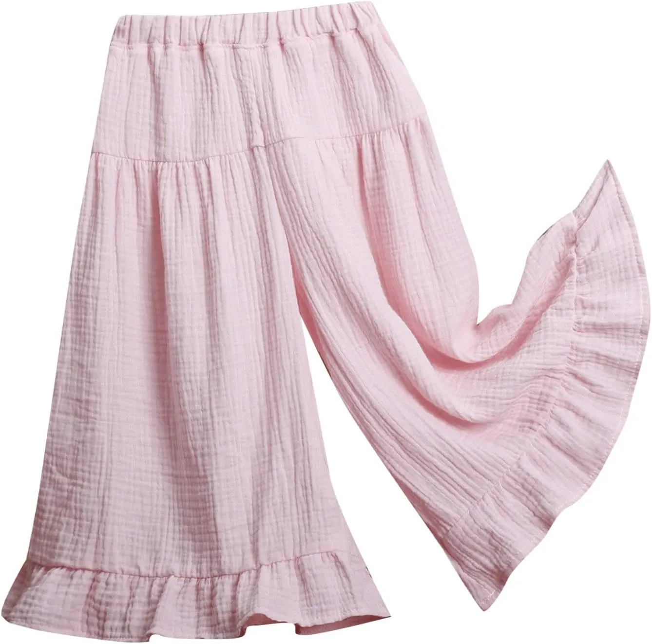 Girls Wide Leg Flowy Cotton Linen Pants Kids Toddler Elastic Waist Lightweight Loose Casual Ruffle 𝗟ounge Trousers