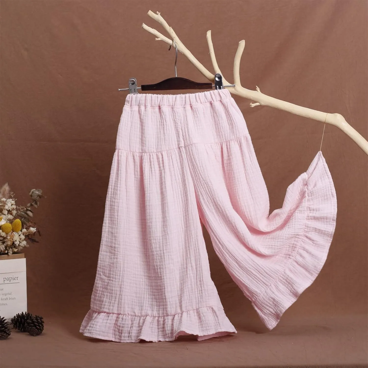 Girls Wide Leg Flowy Cotton Linen Pants Kids Toddler Elastic Waist Lightweight Loose Casual Ruffle 𝗟ounge Trousers