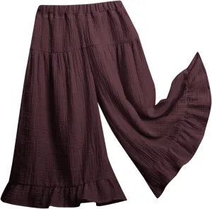 Girls Wide Leg Flowy Cotton Linen Pants Kids Toddler Elastic Waist Lightweight Loose Casual Ruffle 𝗟ounge Trousers