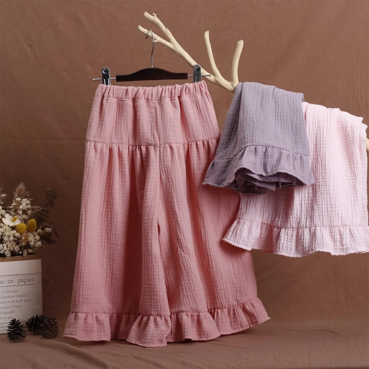 Girls Wide Leg Flowy Cotton Linen Pants Kids Toddler Elastic Waist Lightweight Loose Casual Ruffle 𝗟ounge Trousers
