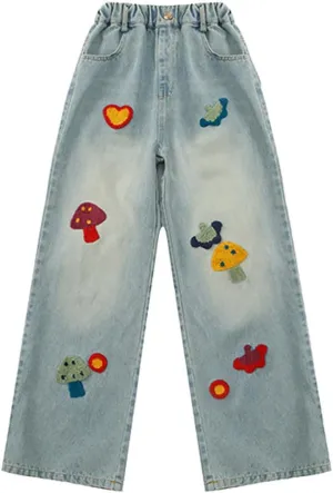 Girls Wide Leg Jeans Denim Elastic Wasit Mushroom Applique Y2k Street Pants Fashion Baggy Straight Trousers Kids Clothes
