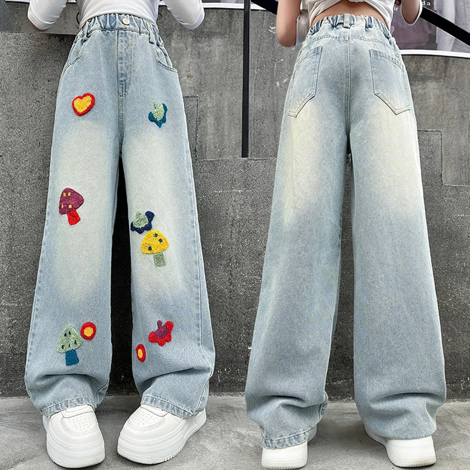 Girls Wide Leg Jeans Denim Elastic Wasit Mushroom Applique Y2k Street Pants Fashion Baggy Straight Trousers Kids Clothes
