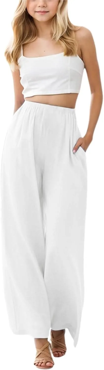 Girls Wide Leg Linen Pants Summer Beach Casual Flowy Palazzo Pants Loose Fit Lounge Trouser with Pockets 4-15Years
