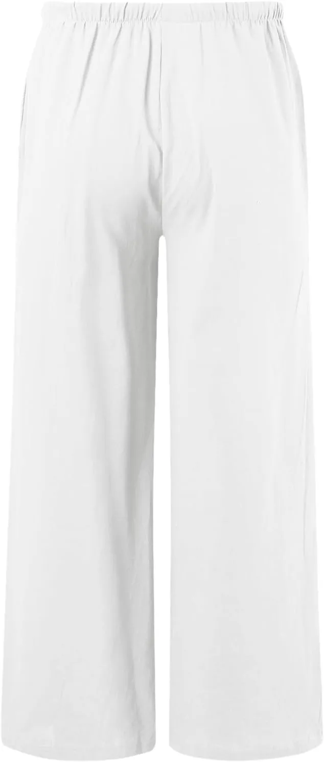 Girls Wide Leg Linen Pants Summer Beach Casual Flowy Palazzo Pants Loose Fit Lounge Trouser with Pockets 4-15Years