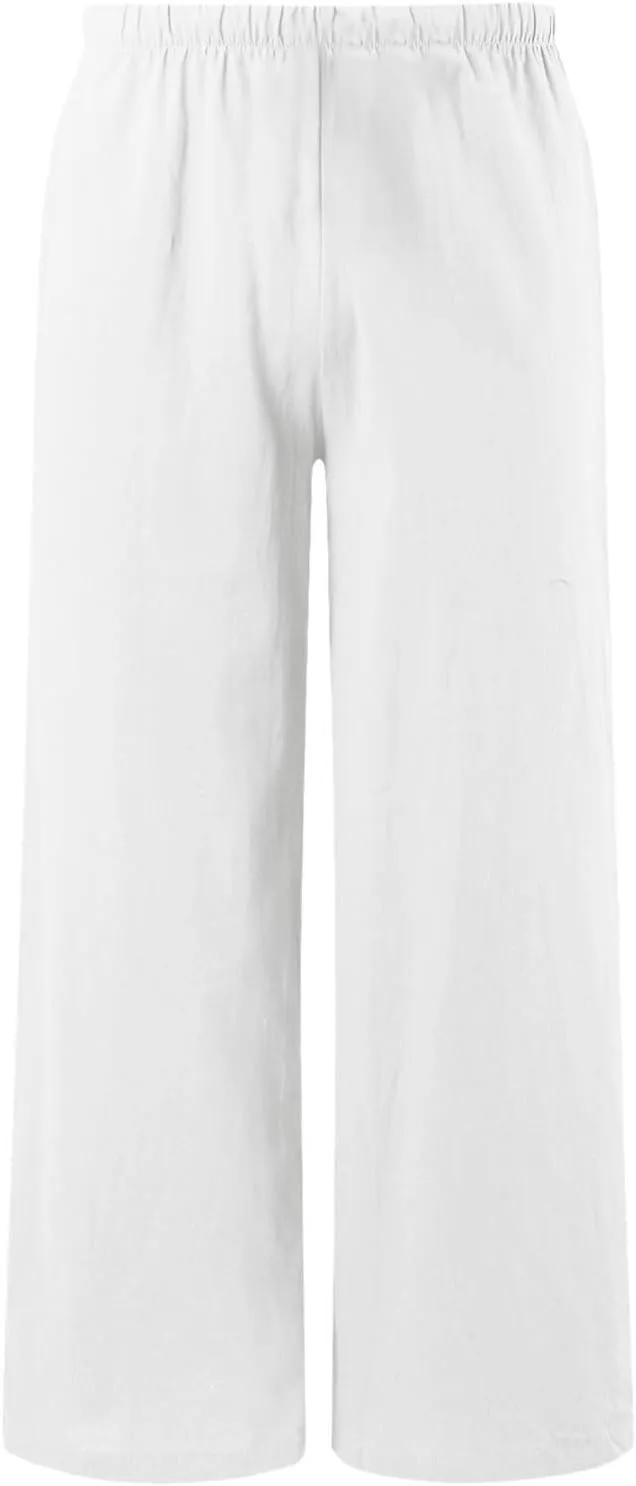 Girls Wide Leg Linen Pants Summer Beach Casual Flowy Palazzo Pants Loose Fit Lounge Trouser with Pockets 4-15Years