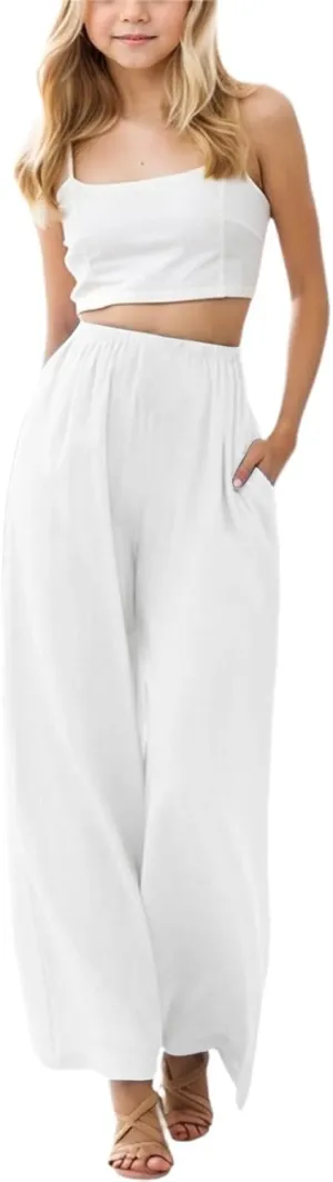 Girls Wide Leg Linen Pants Summer Beach Casual Flowy Palazzo Pants Loose Fit Lounge Trouser with Pockets 4-15Years
