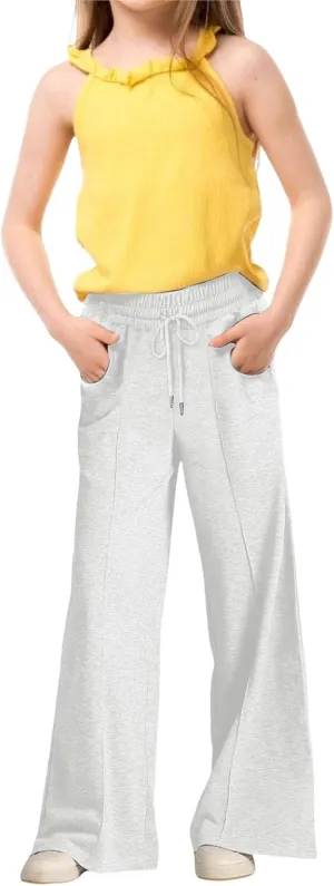 Girls Wide Leg Sweatpants Elastic High Waist Casual Trousers Kids 2025 Trendy Drawstring Solid Baggy Jogger Pants