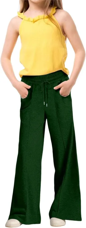 Girls Wide Leg Sweatpants Elastic High Waist Casual Trousers Kids 2025 Trendy Drawstring Solid Baggy Jogger Pants