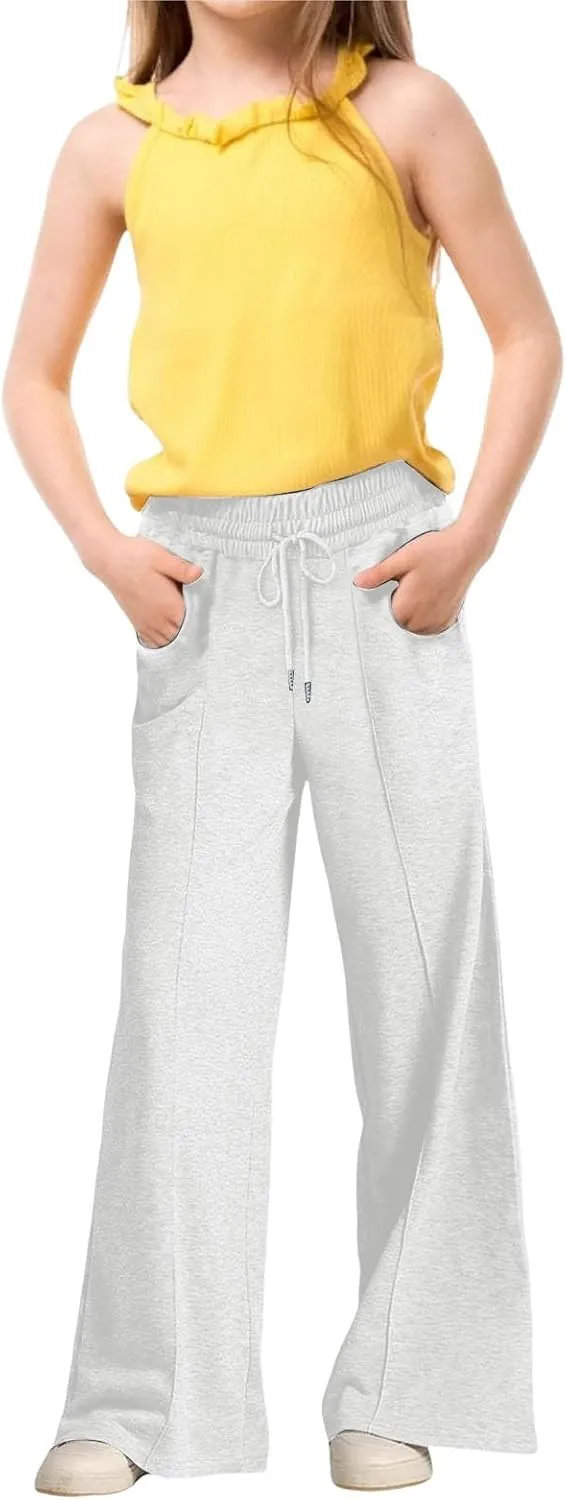 Girls Wide Leg Sweatpants Elastic High Waist Casual Trousers Kids 2025 Trendy Drawstring Solid Baggy Jogger Pants