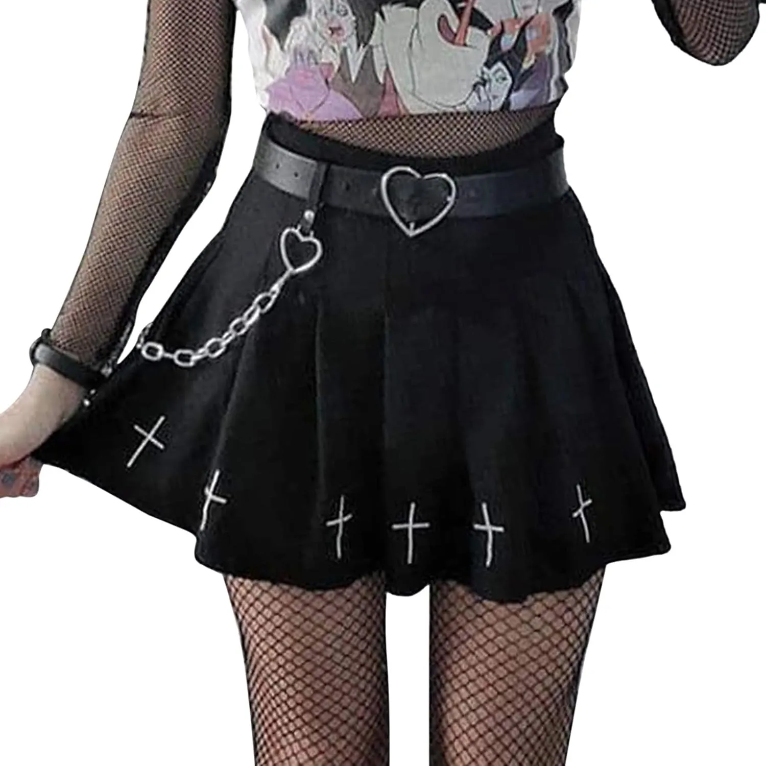 Gothic Mini Pleated Skirt for Women Sexy Lace Patchwork High Waist Ruffle Short Skirt E-Girl Harajuku A-Line Skirt