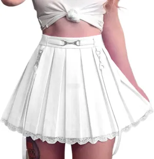 Gothic Mini Pleated Skirt for Women Sexy Lace Patchwork High Waist Ruffle Short Skirt E-Girl Harajuku A-Line Skirt