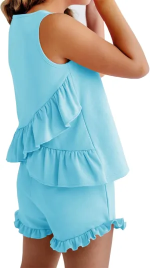 Haloumoning Girls Summer Clothing Sets Ruffle Tank Tops and Shorts Cute 2 Piece Outfits 3-10 Years