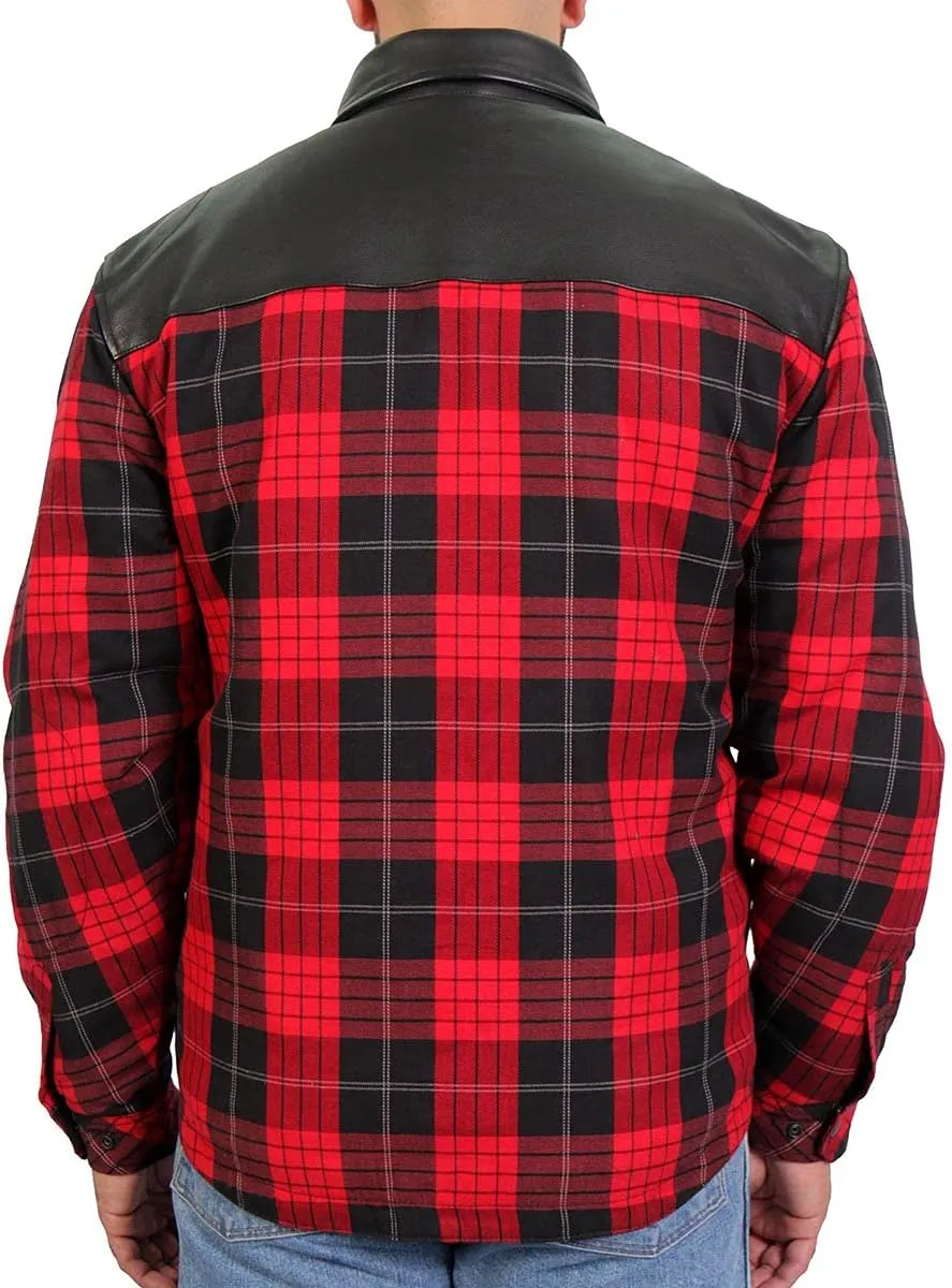 Hot Leathers JKM3201 Men's Red and Black Kevlar Reinforced Leather and Plaid Flannel Shirt