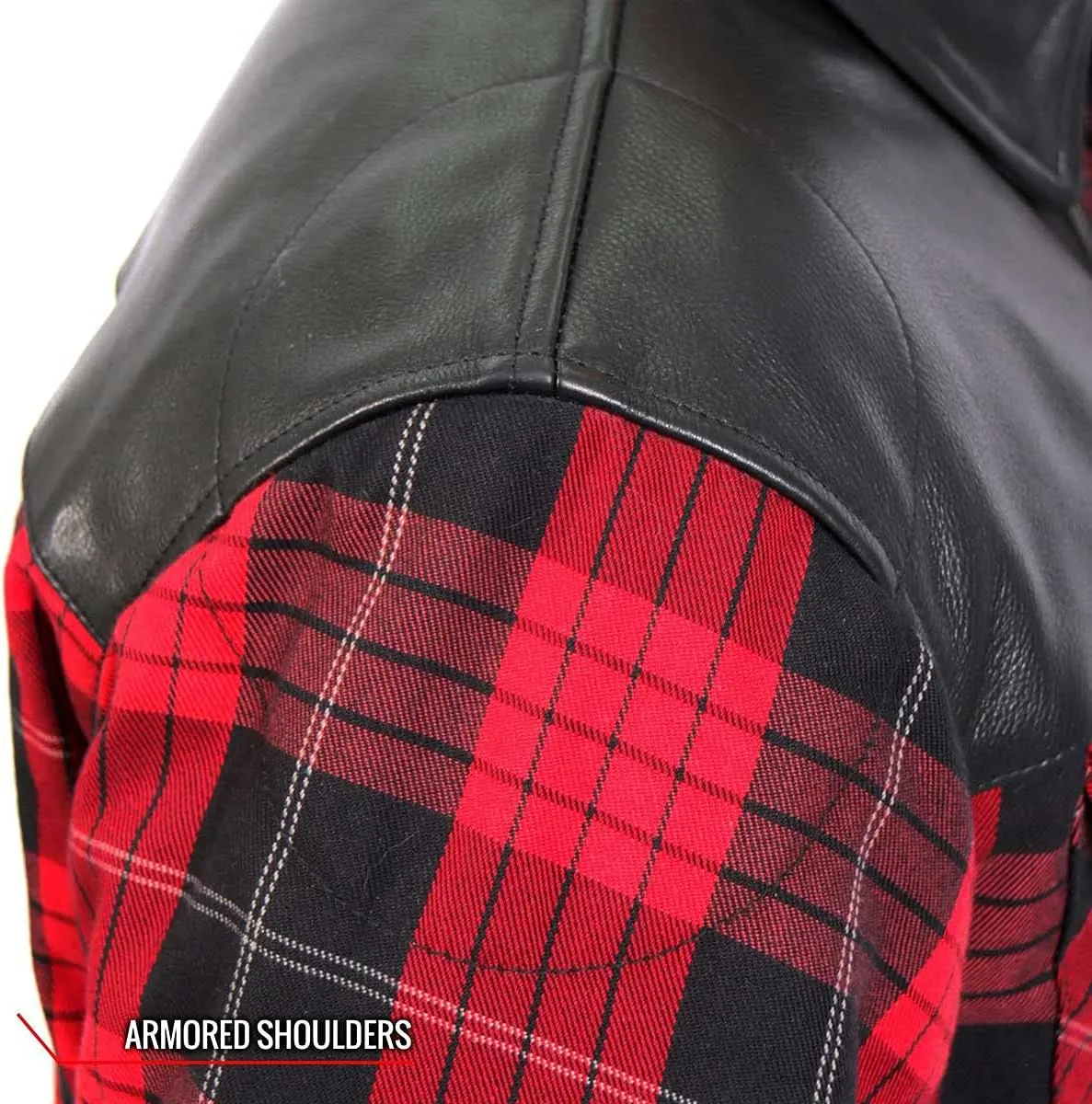 Hot Leathers JKM3201 Men's Red and Black Kevlar Reinforced Leather and Plaid Flannel Shirt
