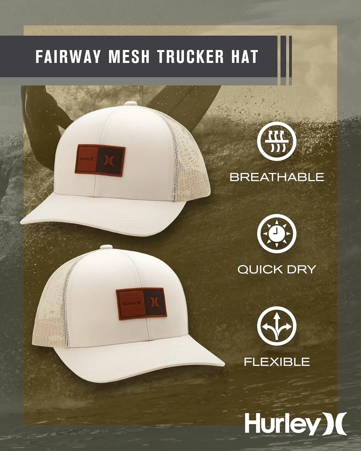 Hurley Men's Caps - Fairway Trucker Mesh Panel Baseball Cap Trucker Hat - Snap Back Hats for Men