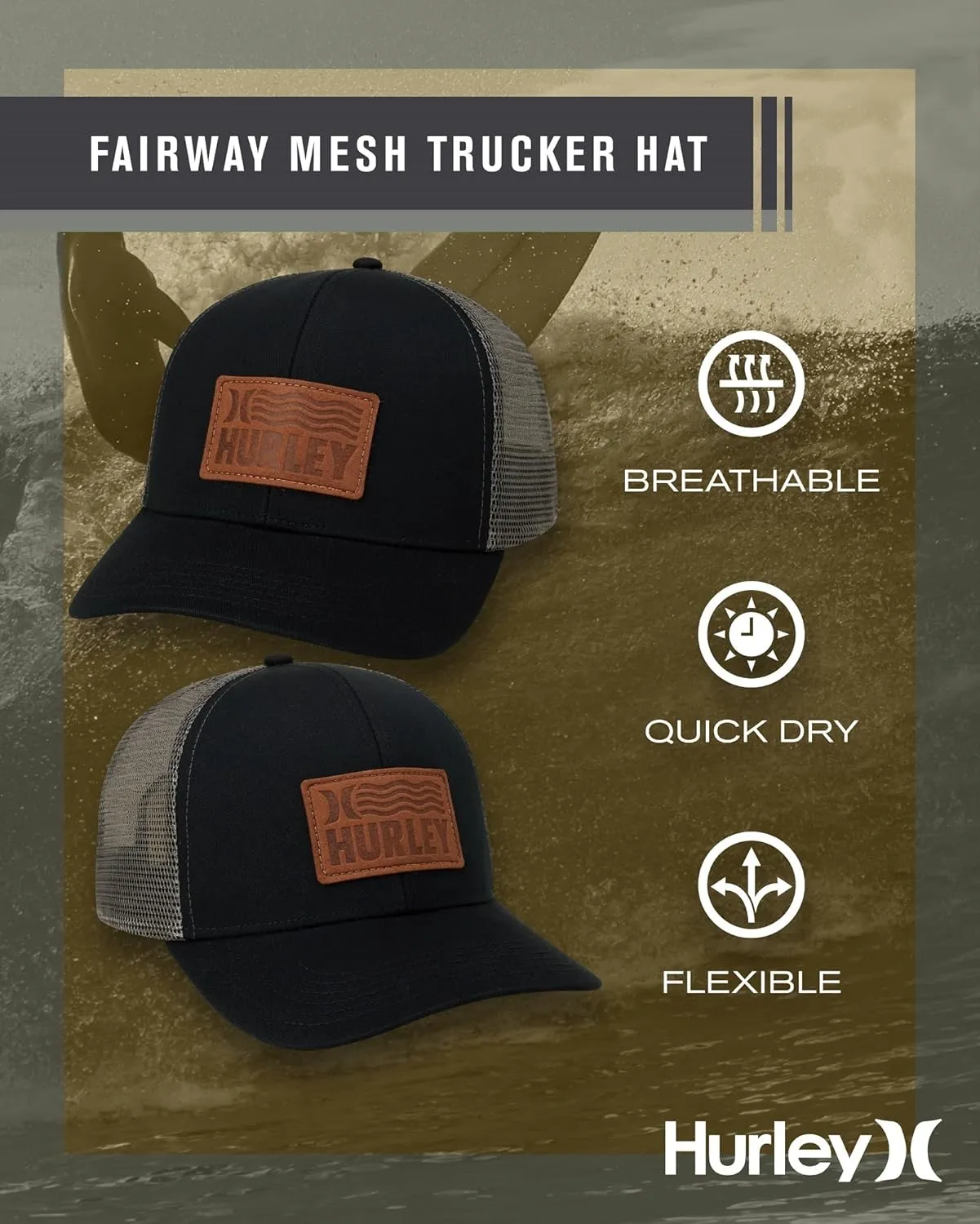Hurley Men's Caps - Fairway Trucker Mesh Panel Baseball Cap Trucker Hat - Snap Back Hats for Men