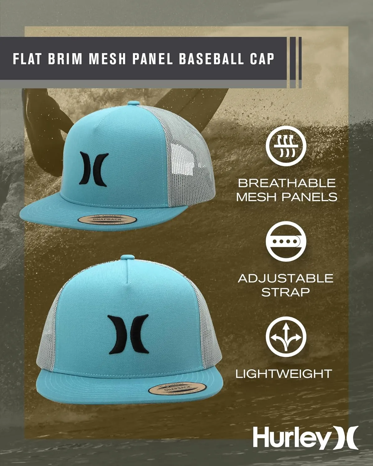 Hurley Men's Caps - Flat Brim Mesh Panel Baseball Cap Trucker Hat - Snap Back Hats for Men