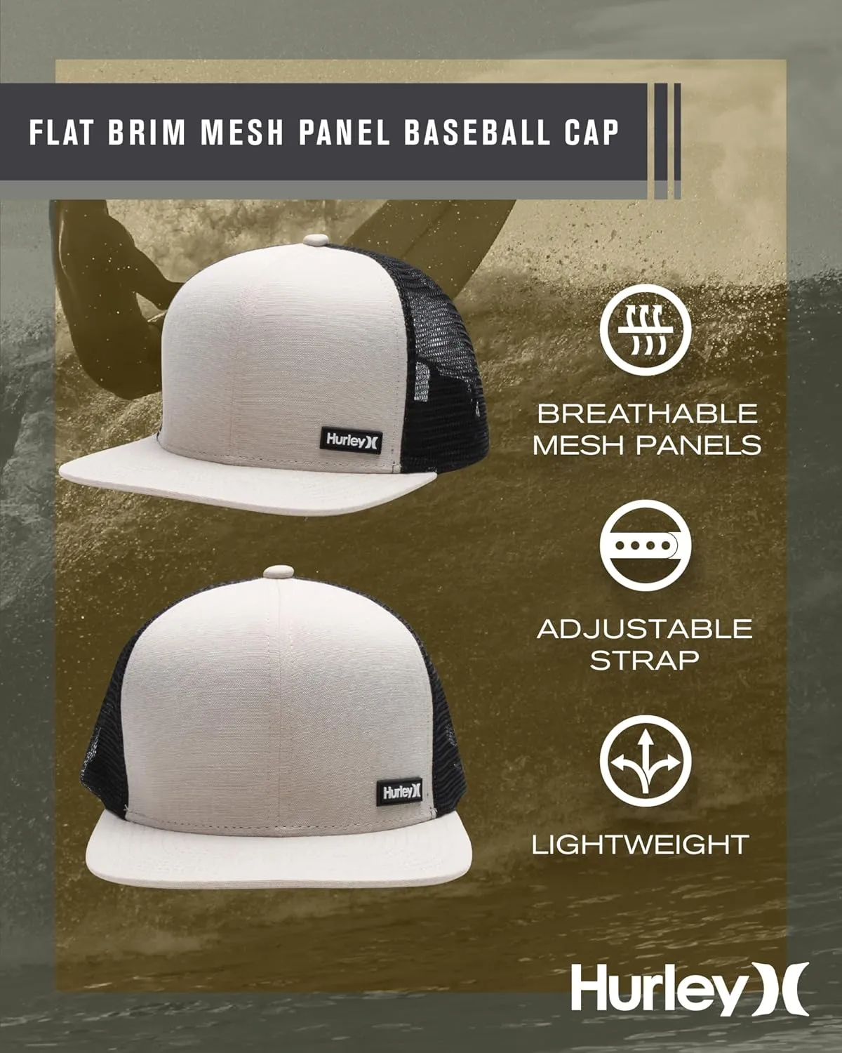 Hurley Men's Caps - Flat Brim Mesh Panel Baseball Cap Trucker Hat - Snap Back Hats for Men
