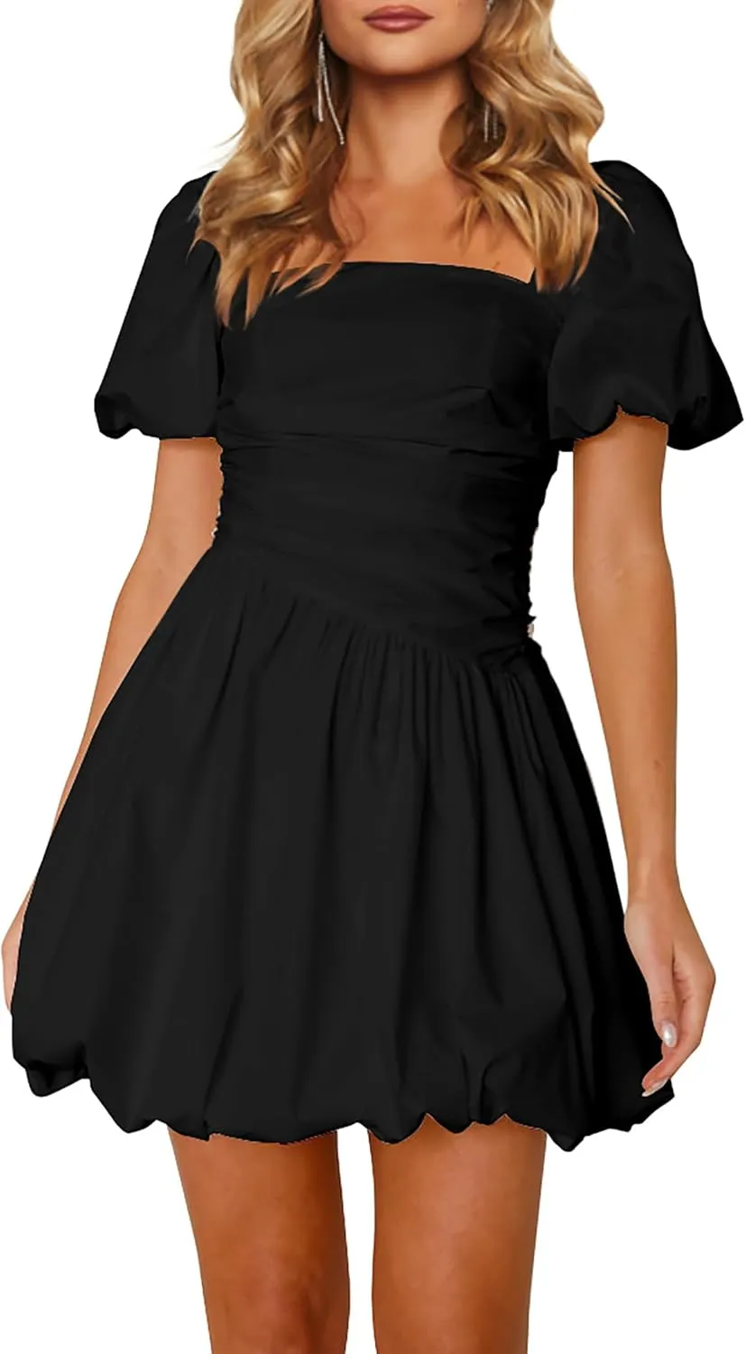 HYPERFIRE Women's Square Neck Short Puff Sleeve Bubble Dress Smocked Ruched Dresses Casual Wear
