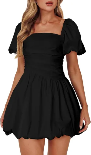 HYPERFIRE Women's Square Neck Short Puff Sleeve Bubble Dress Smocked Ruched Dresses Casual Wear
