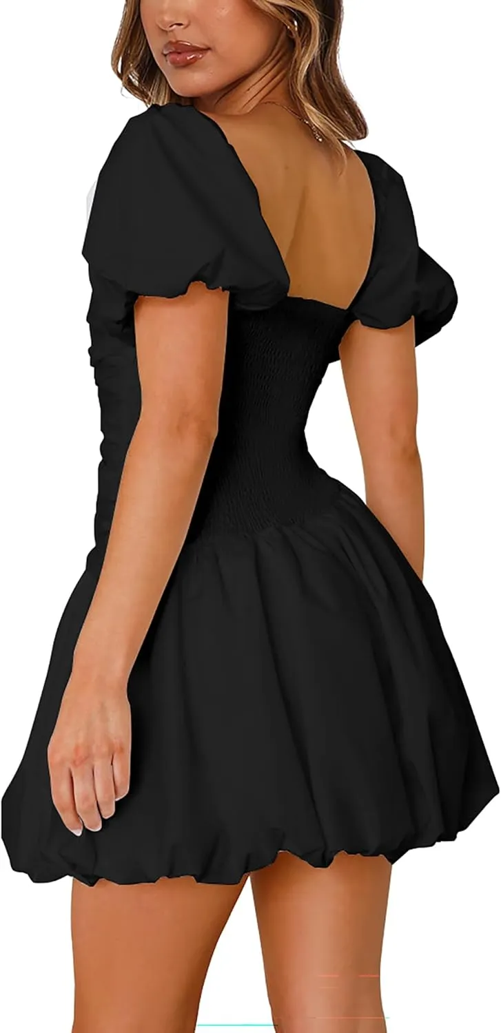 HYPERFIRE Women's Square Neck Short Puff Sleeve Bubble Dress Smocked Ruched Dresses Casual Wear
