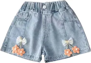 Kids Girl Denim Shorts Flower Elastic High Waisted Straight Wide Leg Summer Cute Jeans Childrens Teens Casual Shorts