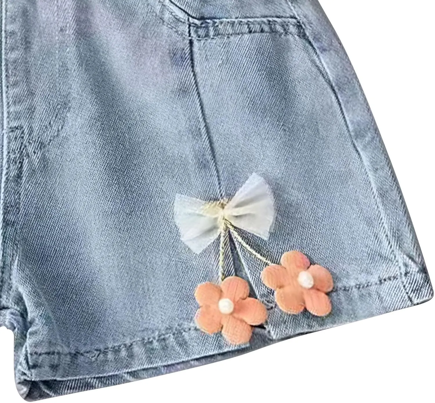 Kids Girl Denim Shorts Flower Elastic High Waisted Straight Wide Leg Summer Cute Jeans Childrens Teens Casual Shorts
