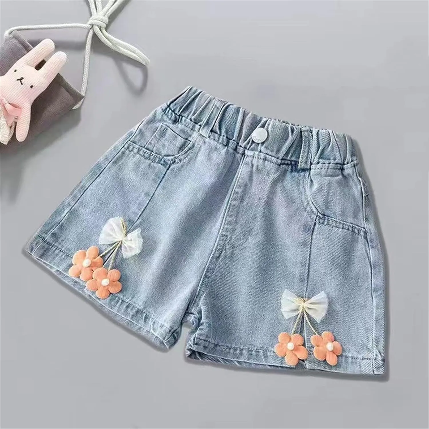 Kids Girl Denim Shorts Flower Elastic High Waisted Straight Wide Leg Summer Cute Jeans Childrens Teens Casual Shorts