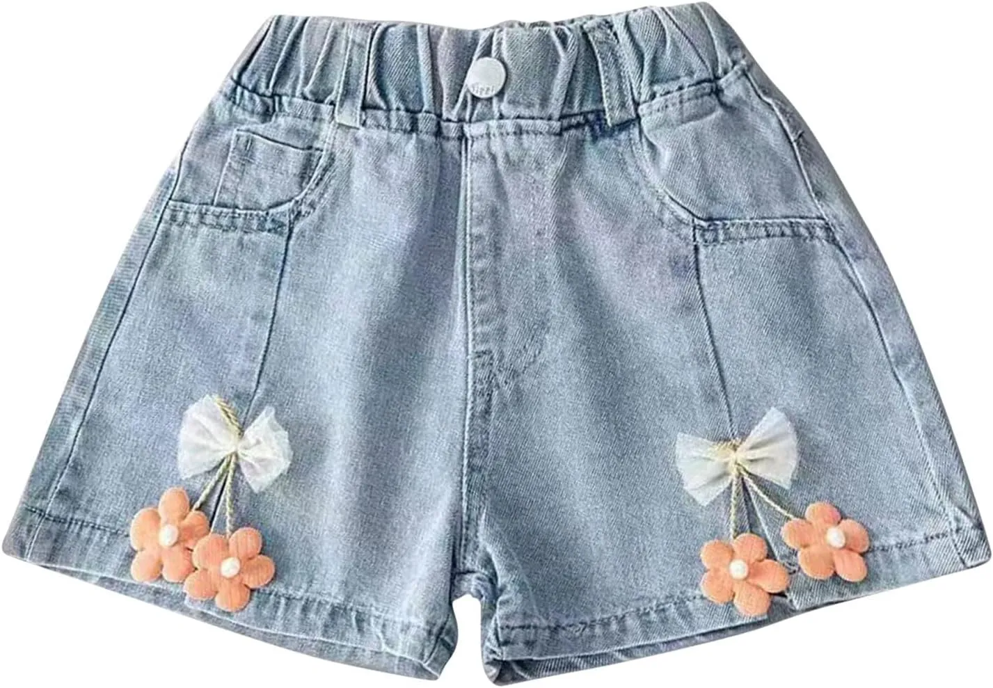 Kids Girl Denim Shorts Flower Elastic High Waisted Straight Wide Leg Summer Cute Jeans Childrens Teens Casual Shorts