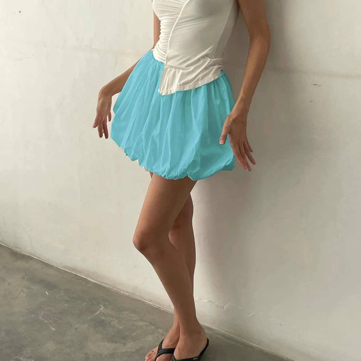 KMBANGI Y2k Women Bubble Mini Skirt Elastic Waist Ruffle Flare Puffy Skirt High Rise Cute Pleated Balloon Short Skirts