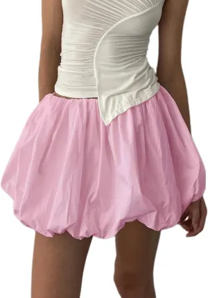 KMBANGI Y2k Women Bubble Mini Skirt Elastic Waist Ruffle Flare Puffy Skirt High Rise Cute Pleated Balloon Short Skirts