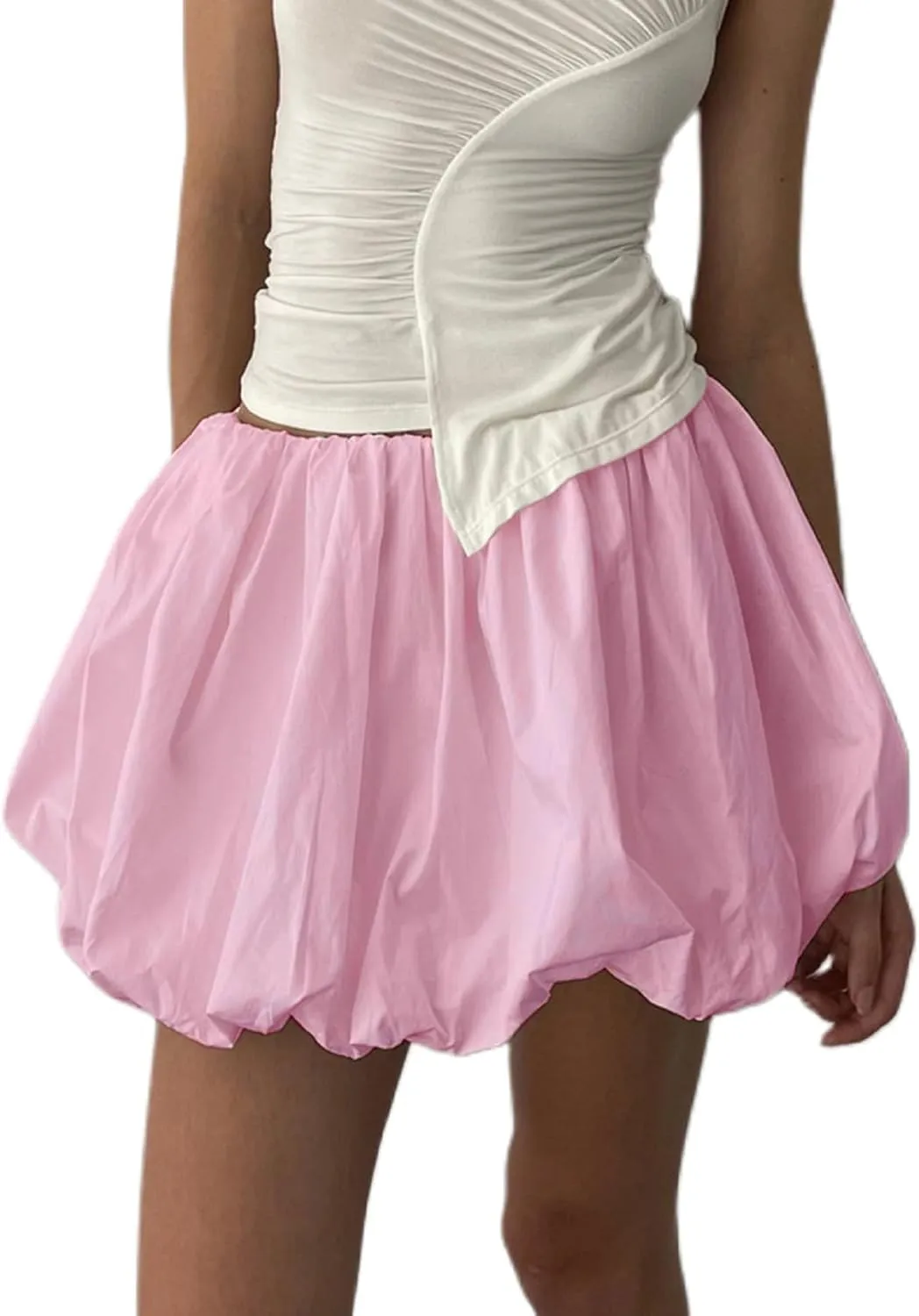 KMBANGI Y2k Women Bubble Mini Skirt Elastic Waist Ruffle Flare Puffy Skirt High Rise Cute Pleated Balloon Short Skirts