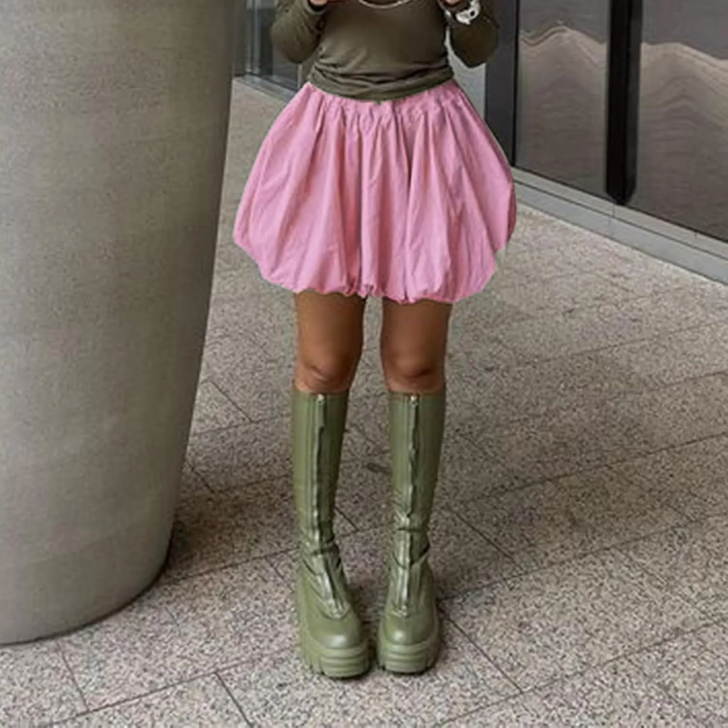 KMBANGI Y2k Women Bubble Mini Skirt Elastic Waist Ruffle Flare Puffy Skirt High Rise Cute Pleated Balloon Short Skirts